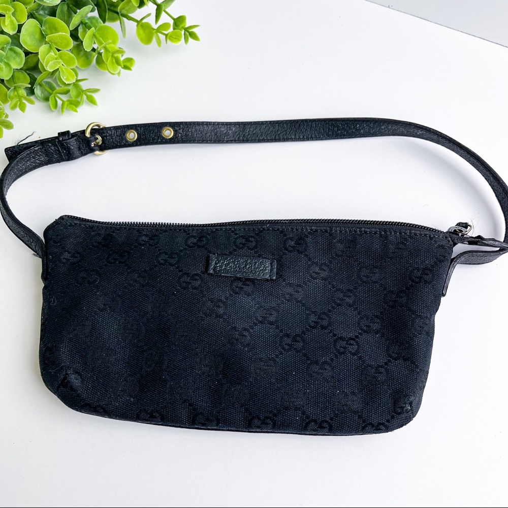 Authentic Gucci Black Canvas Monogram Pouchette Small Bag